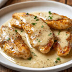 Assiette de poulet crémeux nappé de sauce au parmesan, parsemée de persil frais, servie avec des tagliatelles.