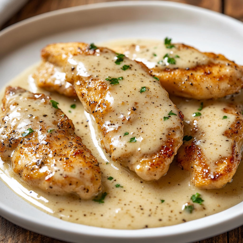 Assiette de poulet crémeux nappé de sauce au parmesan, parsemée de persil frais, servie avec des tagliatelles.