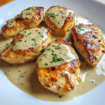 Aiguillettes de poulet nappées de sauce roquefort crémeuse, servies avec du riz blanc.