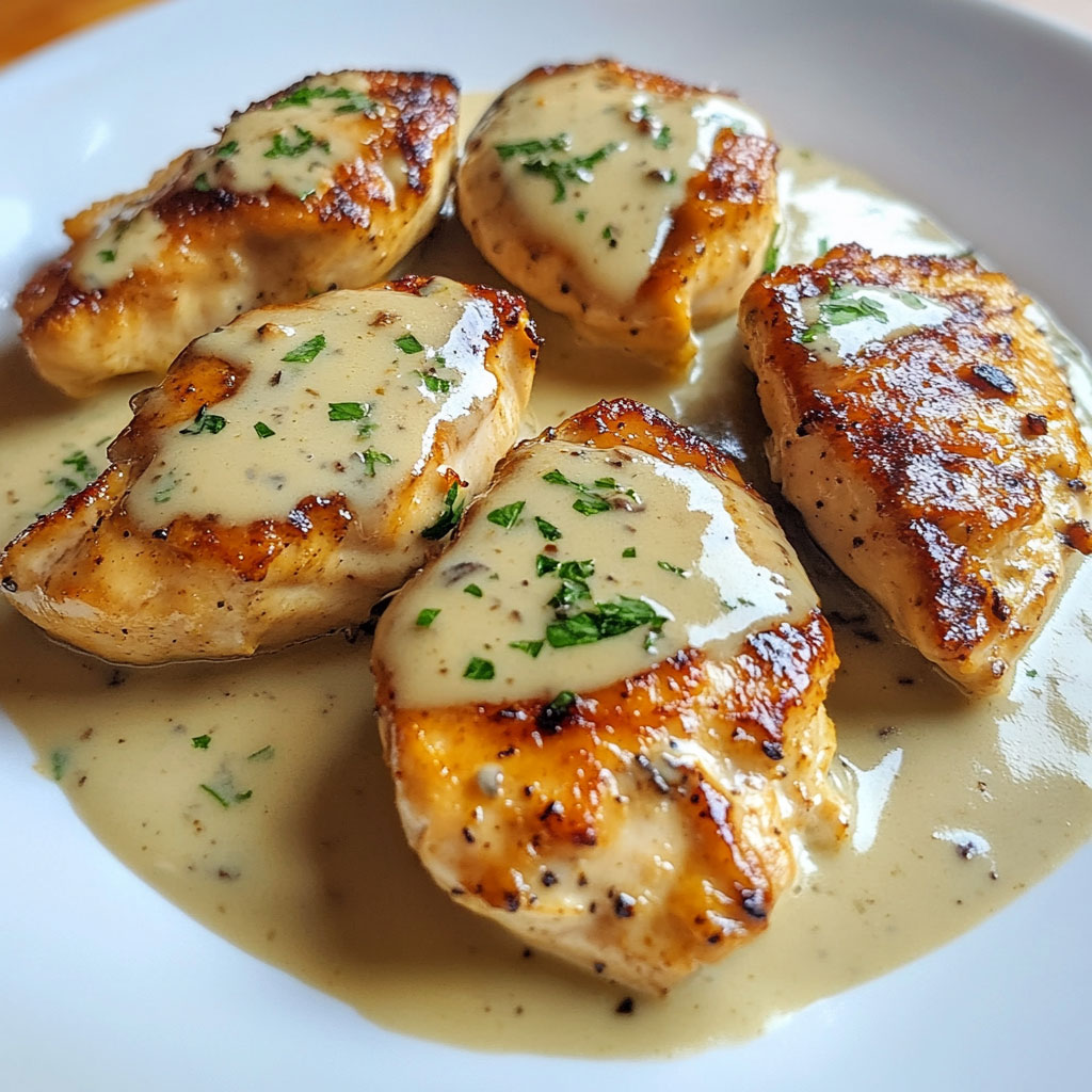 Aiguillettes de poulet nappées de sauce roquefort crémeuse, servies avec du riz blanc.