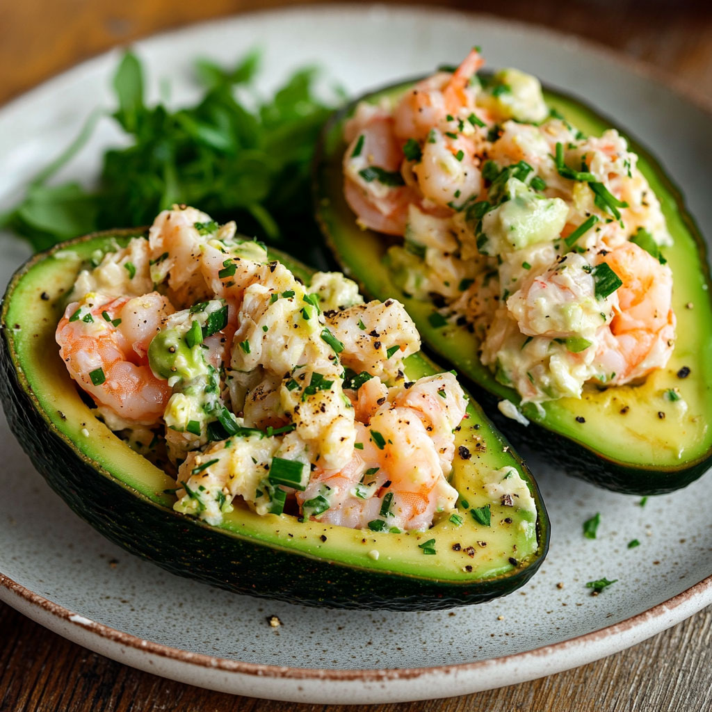 Avocats farcis à la salade de crevettes et crabe, servis frais sur assiette avec ciboulette et citron.