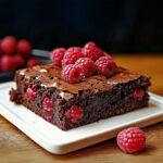 Brownie sain au chocolat et framboises, moelleux, sans sucre ni farine, servi sur une assiette avec fruits frais.