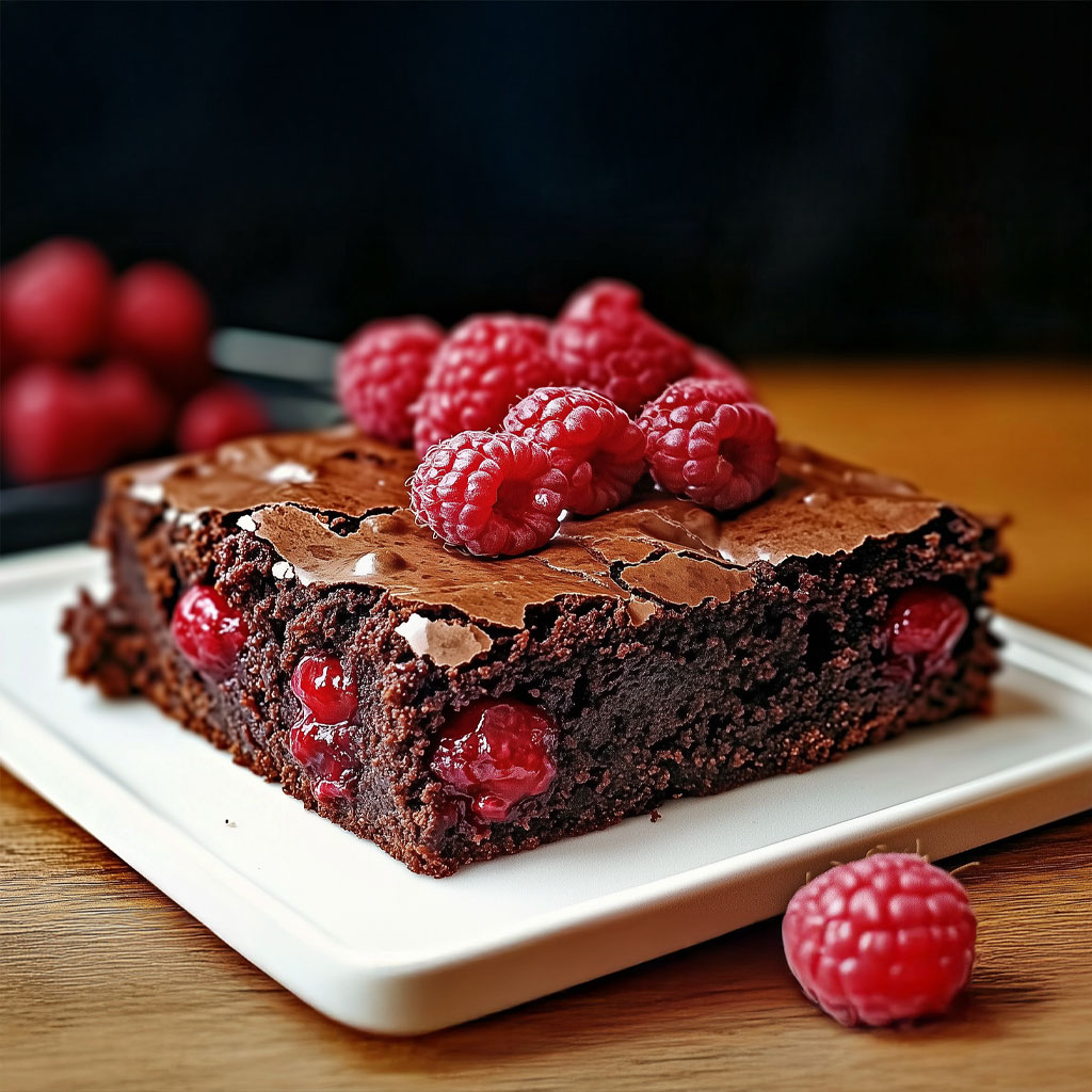 Brownie sain au chocolat et framboises, moelleux, sans sucre ni farine, servi sur une assiette avec fruits frais.
