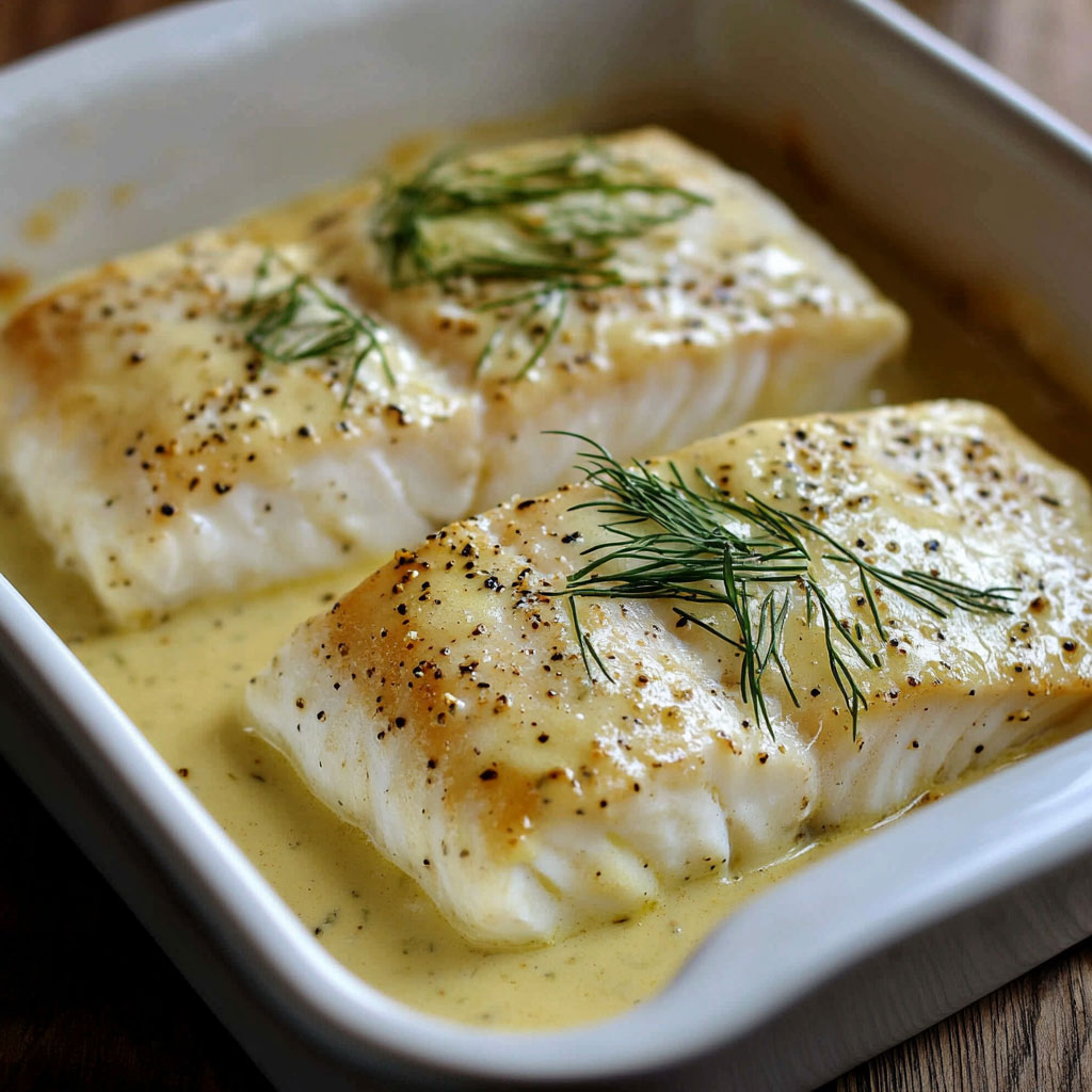 Dos de cabillaud nappé de sauce crème-moutarde au citron, servi avec légumes vapeur, plat sain et savoureux.