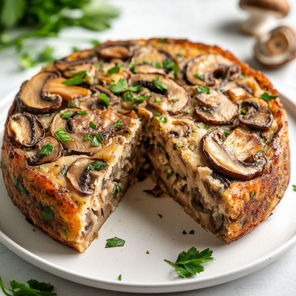 Cake salé aux champignons et crème, doré à souhait, prêt à être dégusté en tranches moelleuses.