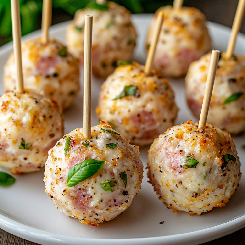 Bouchées apéritives de cake pops salés au jambon cru et ricotta sur bâtonnets, fraîches et garnies de parmesan et basilic.