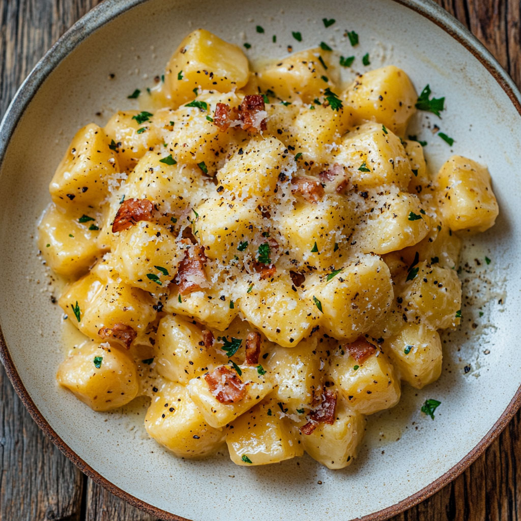 Assiette de carbonara de pommes de terre avec lardons, crème et parmesan, servie chaude et parsemée de persil frais.