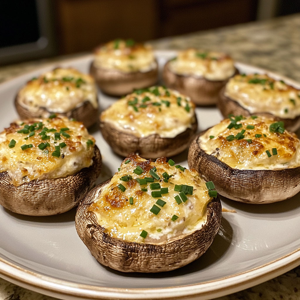 Champignons de Paris farcis au fromage frais, cuits au four et parsemés de ciboulette.
