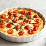 Clafoutis salé aux tomates cerises doré au four, garni de basilic frais, prêt à être servi en plat ou en apéritif estival.