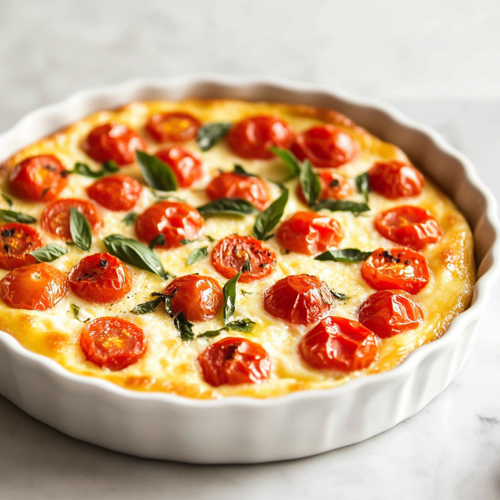 Clafoutis salé aux tomates cerises doré au four, garni de basilic frais, prêt à être servi en plat ou en apéritif estival.