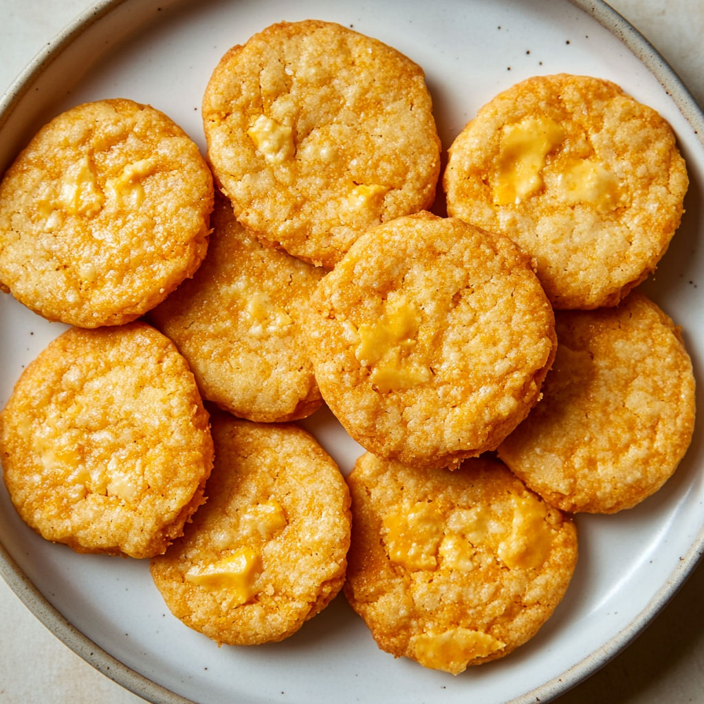 Cookies salés dorés à la mimolette et parfumés au curry doux, présentés sur une plaque de cuisson.