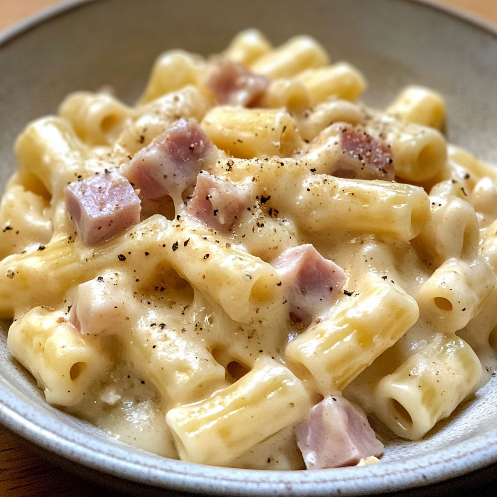 Bol de coquillettes nappées de sauce crémeuse au fromage, garnies de dés de jambon et de fromage râpé fondant.