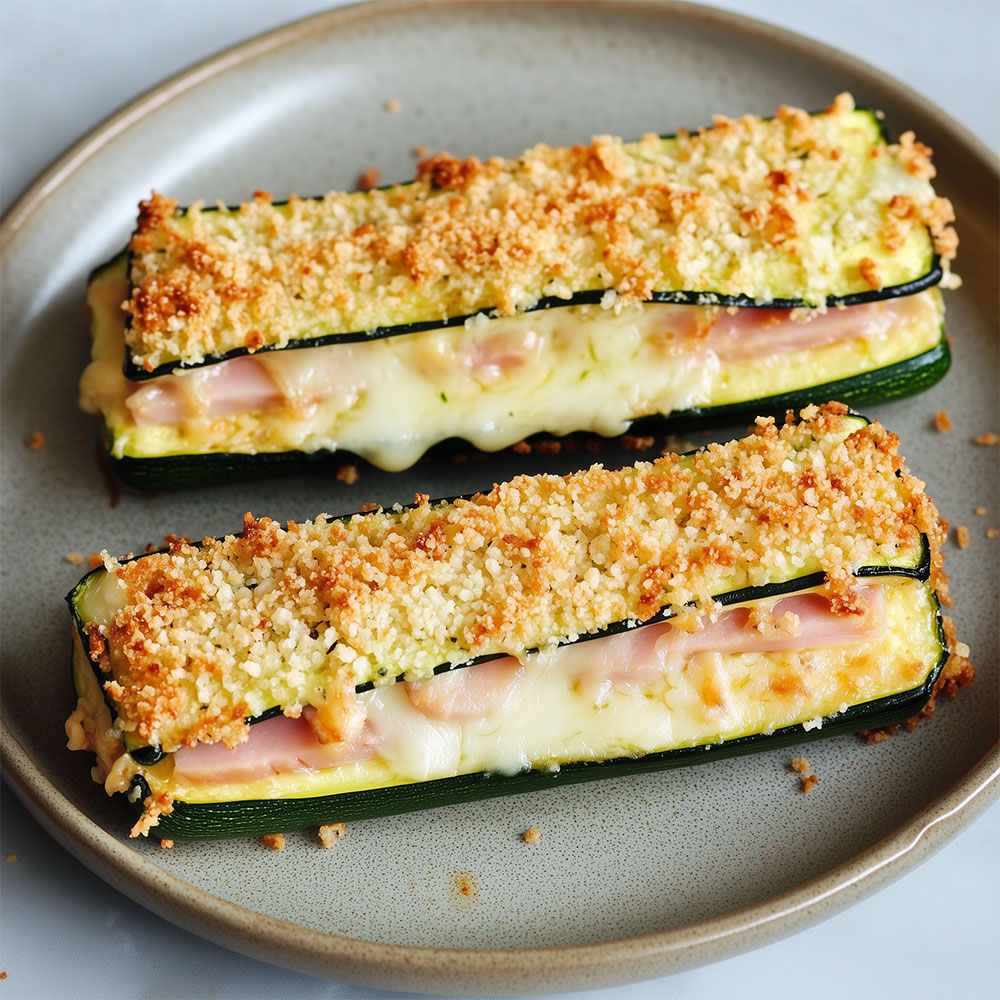 Cordon bleu de courgette doré au four, garni de jambon et fromage fondant, servi avec une salade fraîche.