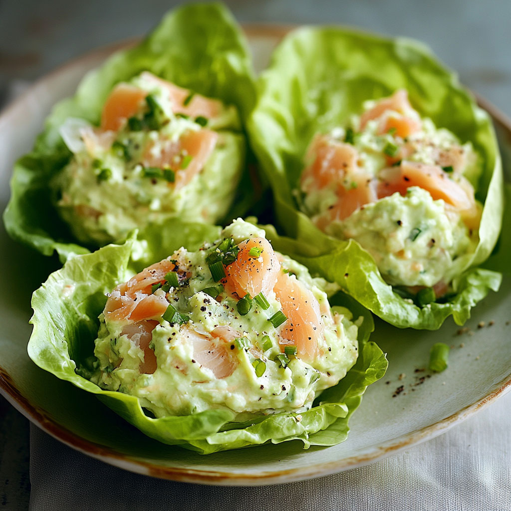 Feuilles de laitue garnies de crème d’avocat au fromage blanc et truite fumée, entrée fraîche et légère.