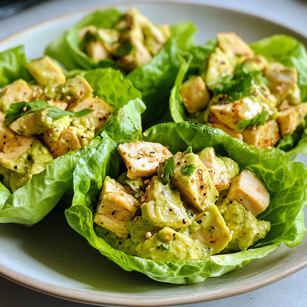 Feuilles de laitue garnies d’un mélange crémeux d’avocat, poulet grillé et sauce yaourt citronnée, servies bien fraîches.