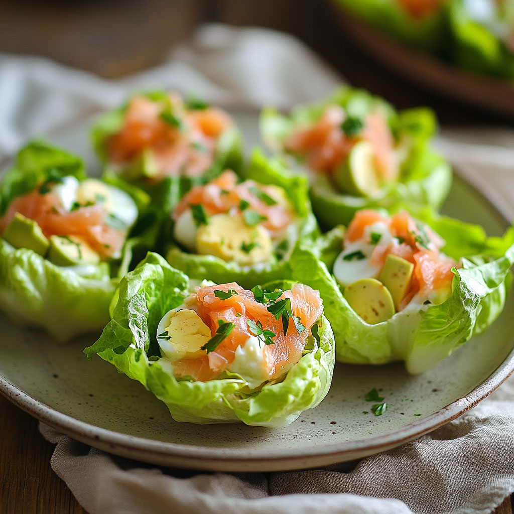 Coupelles de laitue garnies de saumon fumé, avocat crémeux et œufs de caille, une entrée fraîche et élégante parfaite pour l’été.