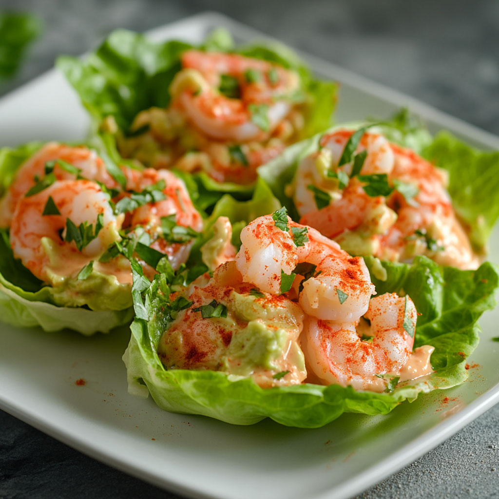 Coupelles de laitue garnies d’un mélange crémeux à base d’avocat, crevettes et sauce cocktail, servies fraîches et joliment dressées.