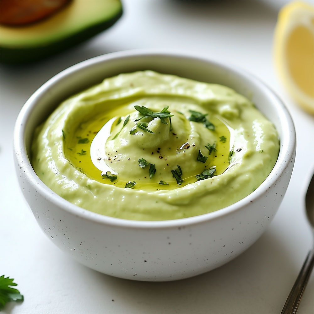 Crème froide onctueuse à base d’avocat et citron, servie en verrines avec herbes fraîches, idéale en sauce ou accompagnement.