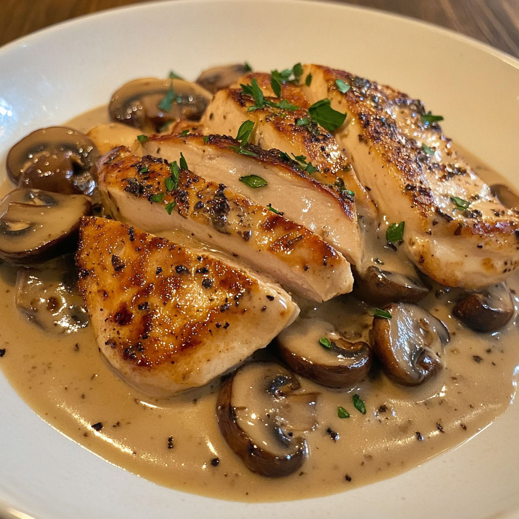 Escalopes de dinde nappées de sauce crémeuse aux champignons, servies avec du riz et du persil frais.