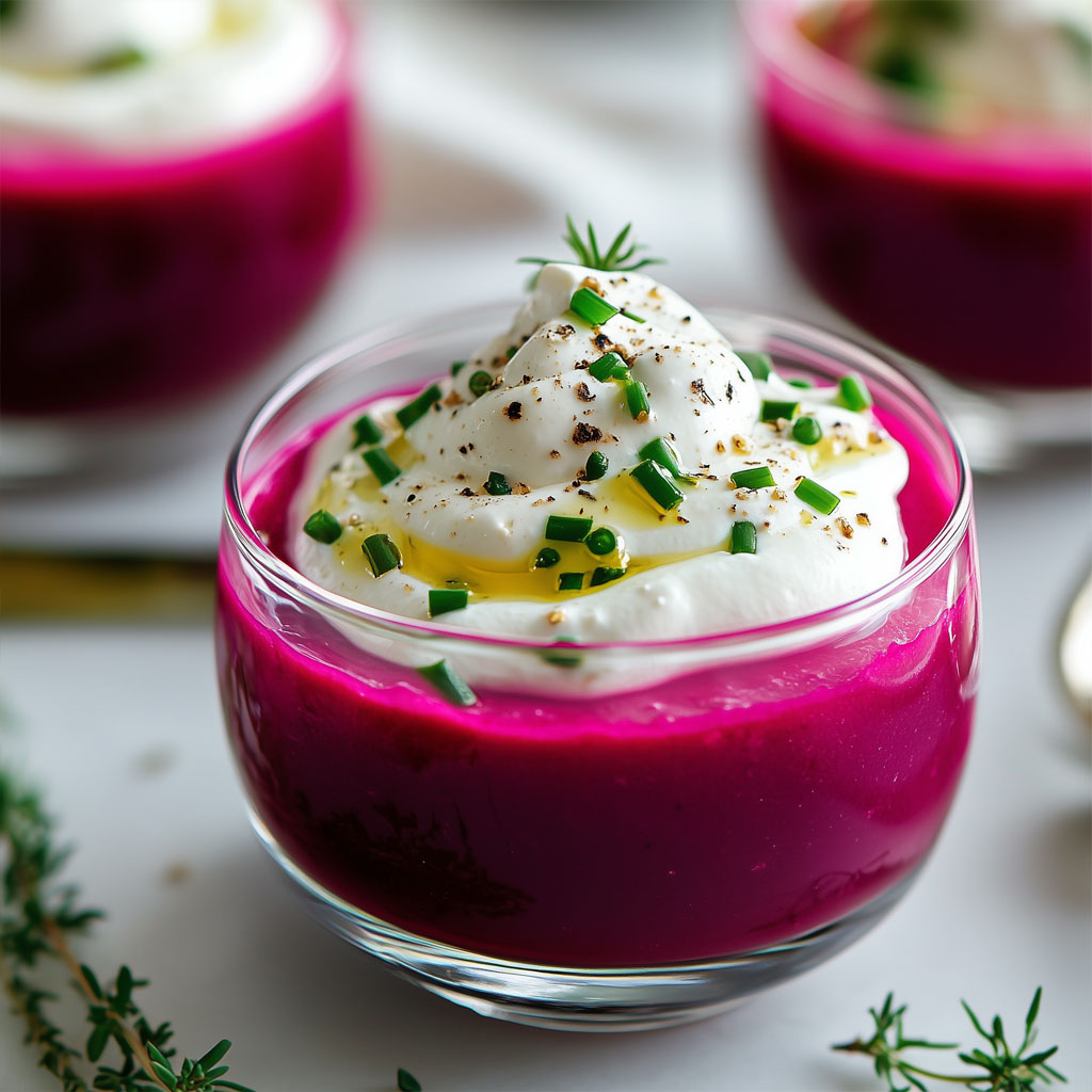 Verrine de gaspacho de betterave surmontée d’une chantilly au chèvre frais et parsemée de ciboulette, plat d'été coloré et raffiné.