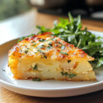 Gâteau de pommes de terre doré et moelleux, coupé en parts et servi avec salade verte sur une assiette rustique.