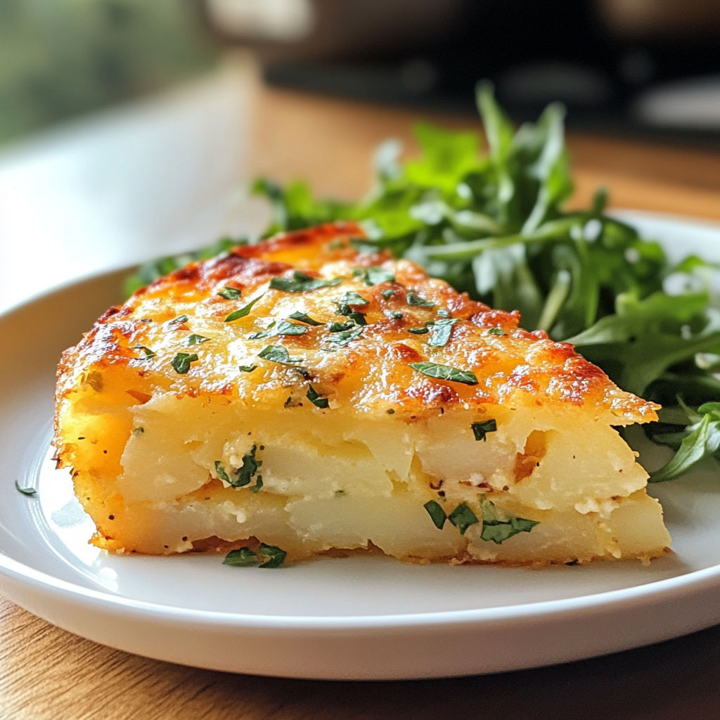 Gâteau de pommes de terre doré et moelleux, coupé en parts et servi avec salade verte sur une assiette rustique.