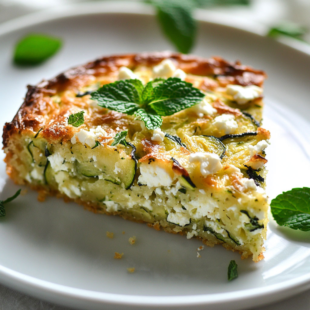 Tranche de gâteau moelleux aux courgettes, feta et menthe, dorée et fondante, servie avec une salade verte.