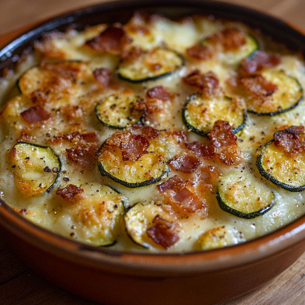 Gratin doré aux courgettes, lardons fumés et crème fraîche servi dans un plat familial, fondant et croustillant à la fois.