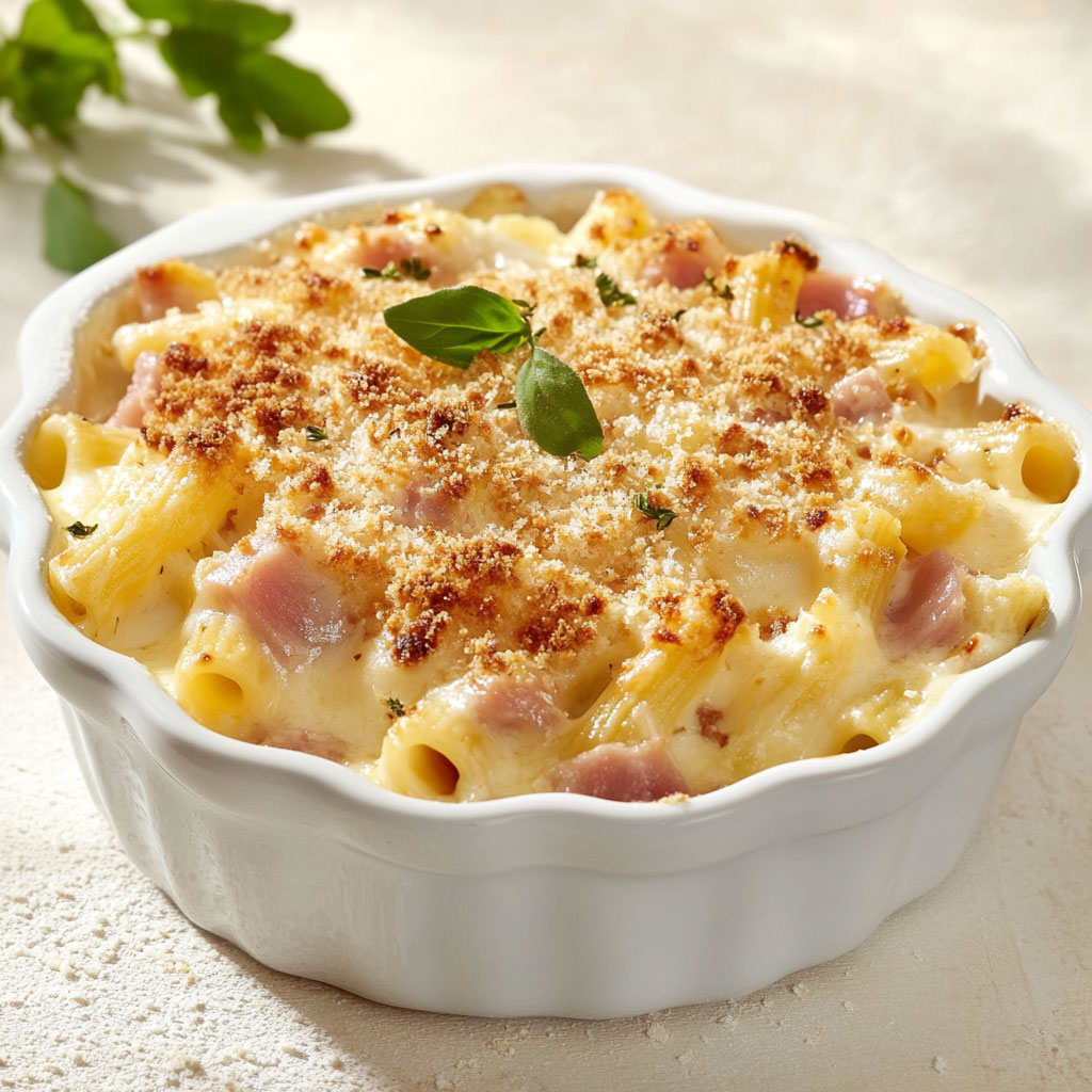 Gratin doré de pâtes au Boursin et jambon dans un plat familial, fondant et croustillant à souhait.