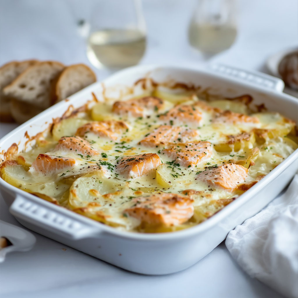 Gratin de pommes de terre et saumon, doré et fondant, servi chaud avec du fromage gratiné et des herbes fraîches.