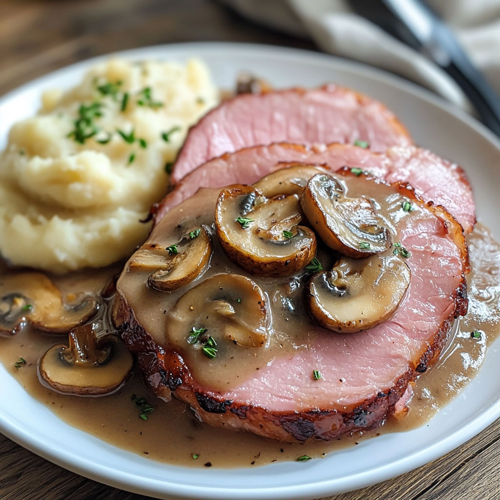 Assiette généreuse de jambon nappé de sauce Madère aux champignons, accompagnée d’une purée de pommes de terre.