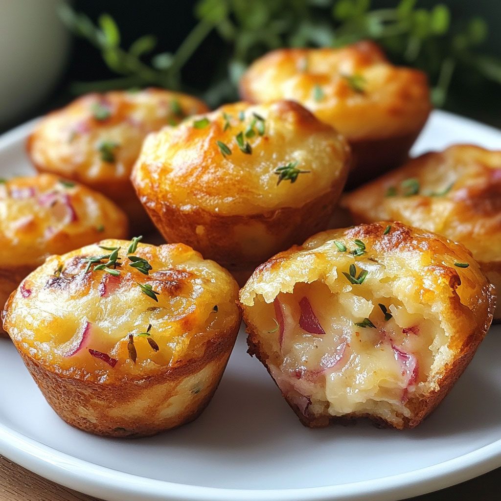 Mini muffins dorés au fromage et oignons rouges, servis tièdes en bouchées moelleuses et savoureuses.