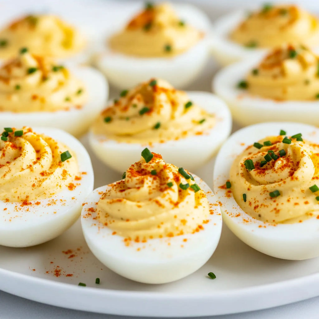 Œufs mimosa garnis de crème aux herbes et paprika doux, joliment dressés pour l’apéritif.