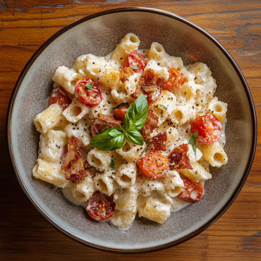 Assiette de pâtes crémeuses au fromage frais, pancetta dorée et tomates cerises rôties, décorée de basilic.