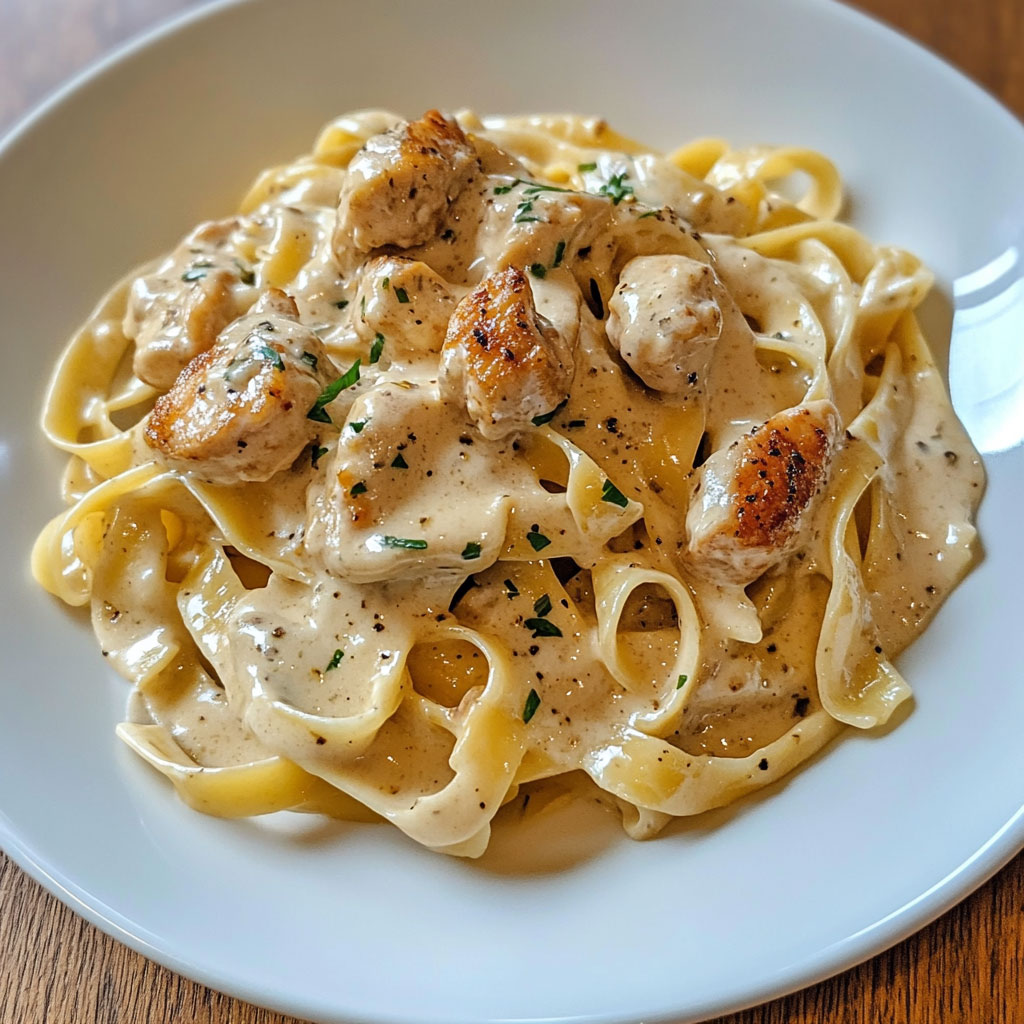 Assiette de tagliatelles Alfredo crémeuses au poulet et parmesan, parsemée de persil frais.