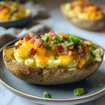 Pommes de terre farcies toutes garnies, gratinées au cheddar et garnies de bacon croustillant et d’oignons verts.