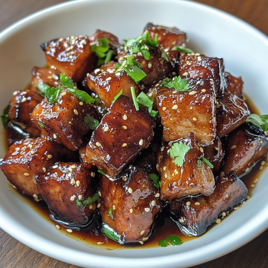 Cubes de porc caramélisés à la sauce soja, gingembre et miel, servis avec riz et coriandre dans un bol asiatique.