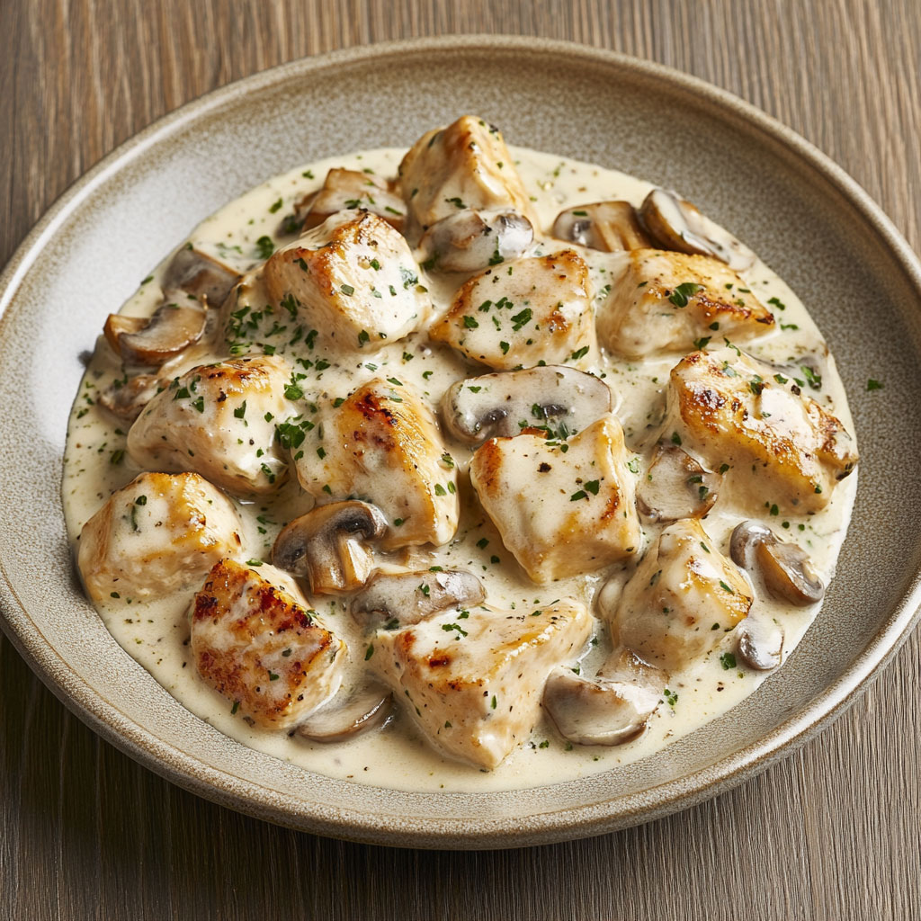 Filets de poulet nappés de sauce au Boursin et champignons, servis avec du riz blanc moelleux.