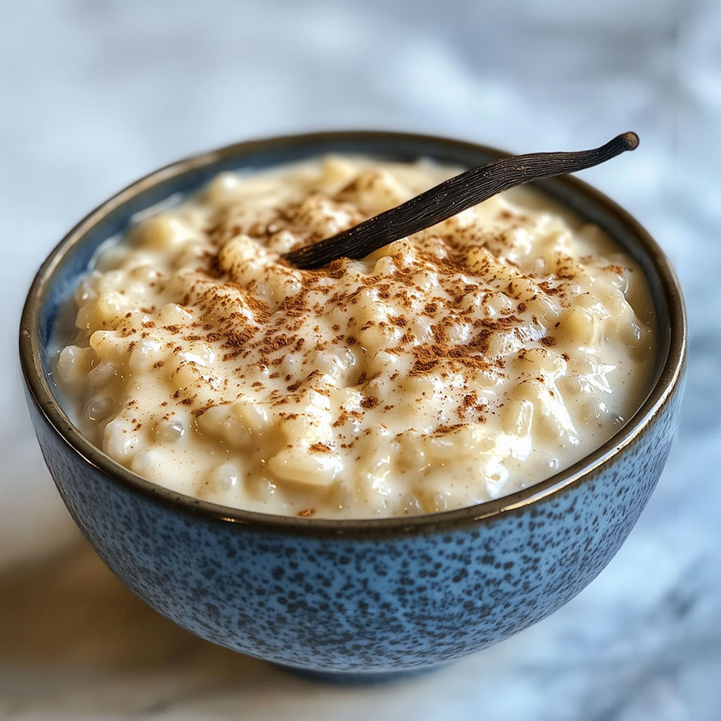 Bol de riz au lait onctueux à la vanille, saupoudré de cannelle, servi tiède dans une ambiance réconfortante.