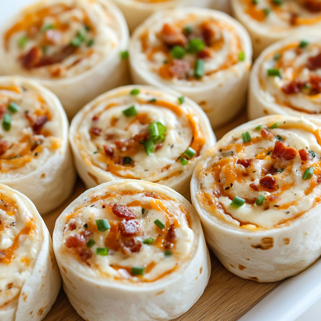 roulés apéritifs au cheddar, bacon et sauce ranch, bien découpés en tranches colorées et servies bien fraîches – parfaits pour un apéro convivial.