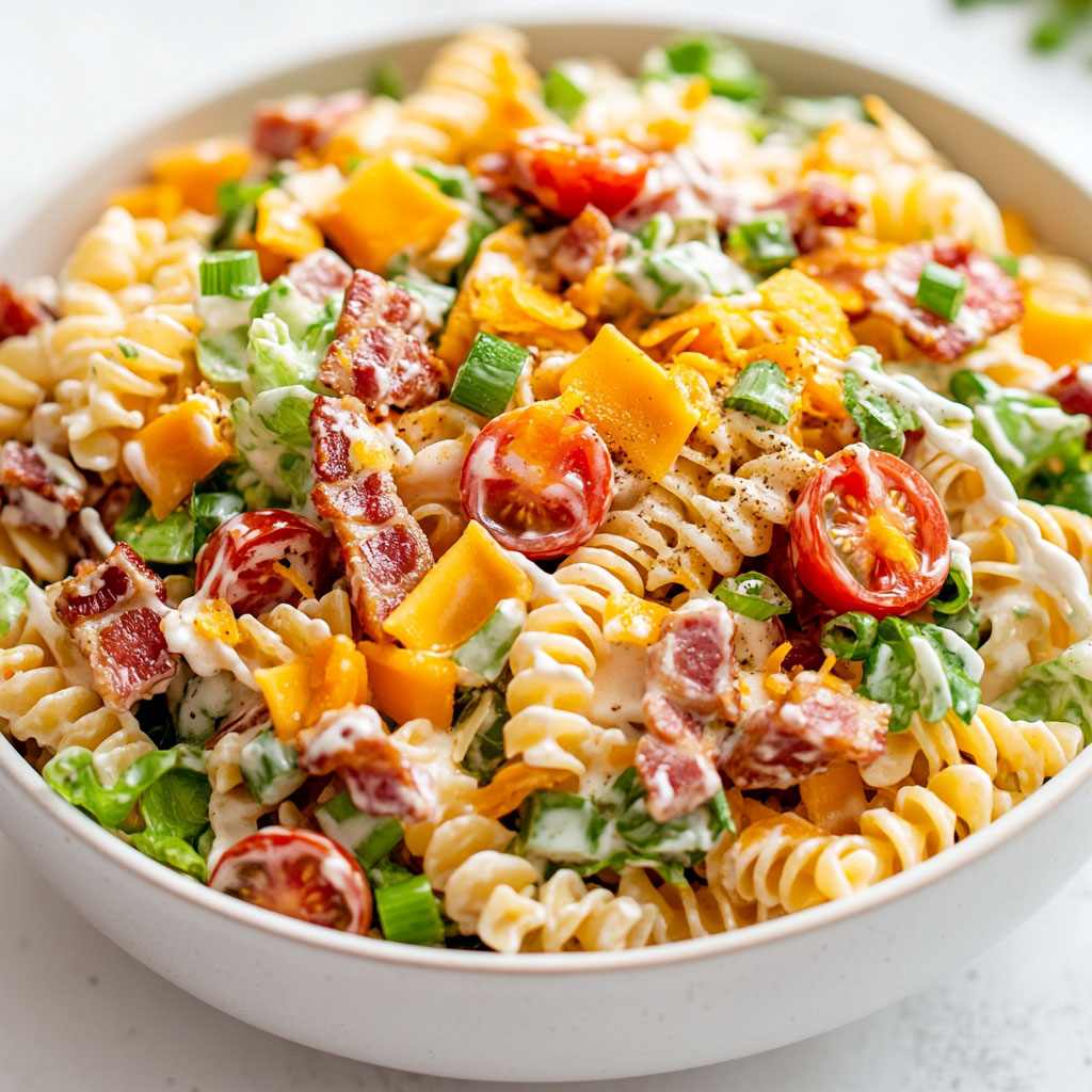 Salade de pâtes fraîche au ranch avec lardons, cheddar, tomates cerises et laitue croquante, idéale pour l’été.