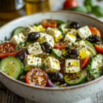 Salade grecque colorée avec feta, tomates cerises, concombre, olives noires et oignon rouge, servie fraîche dans un grand saladier.