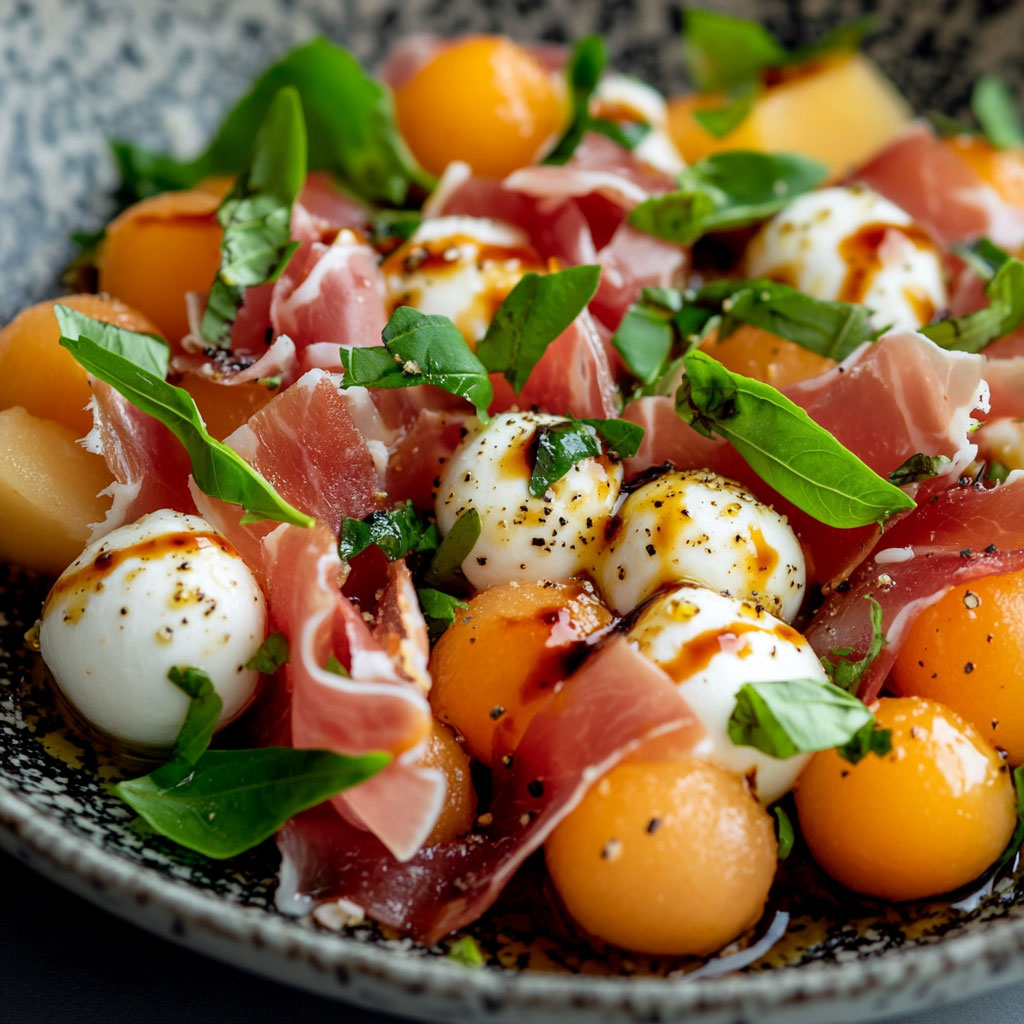 Assiette estivale de salade au melon, jambon cru, mozzarella et basilic, colorée et appétissante.