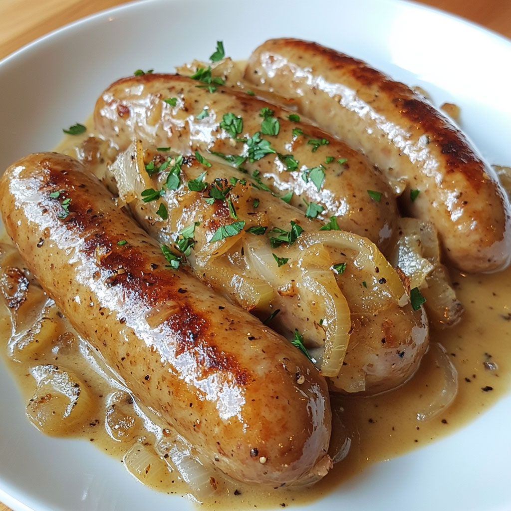 Poêlée de saucisses dorées nappées de sauce à la moutarde et aux oignons fondants, servies avec purée maison.