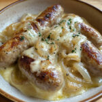 Poêlée de saucisses nappées de sauce au fromage et oignons confits, servie avec une purée maison.