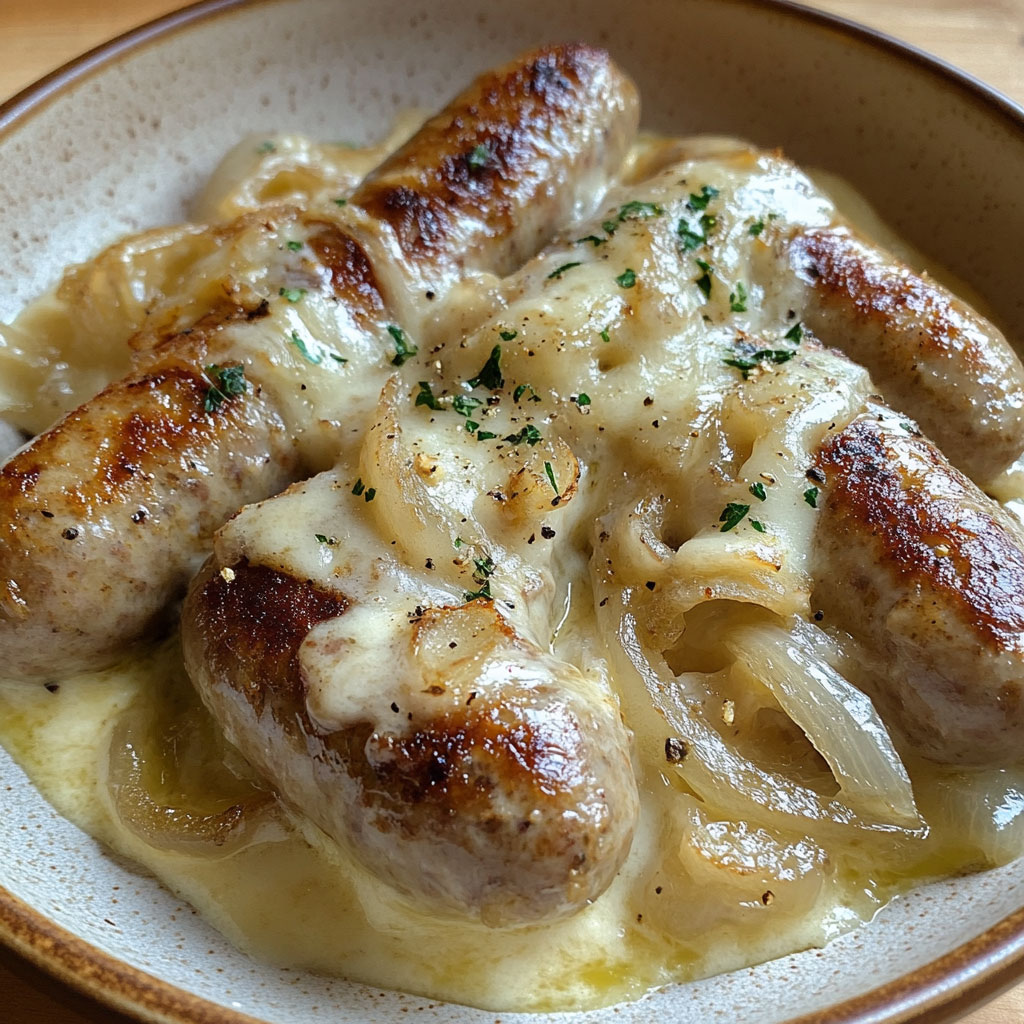 Poêlée de saucisses nappées de sauce au fromage et oignons confits, servie avec une purée maison.