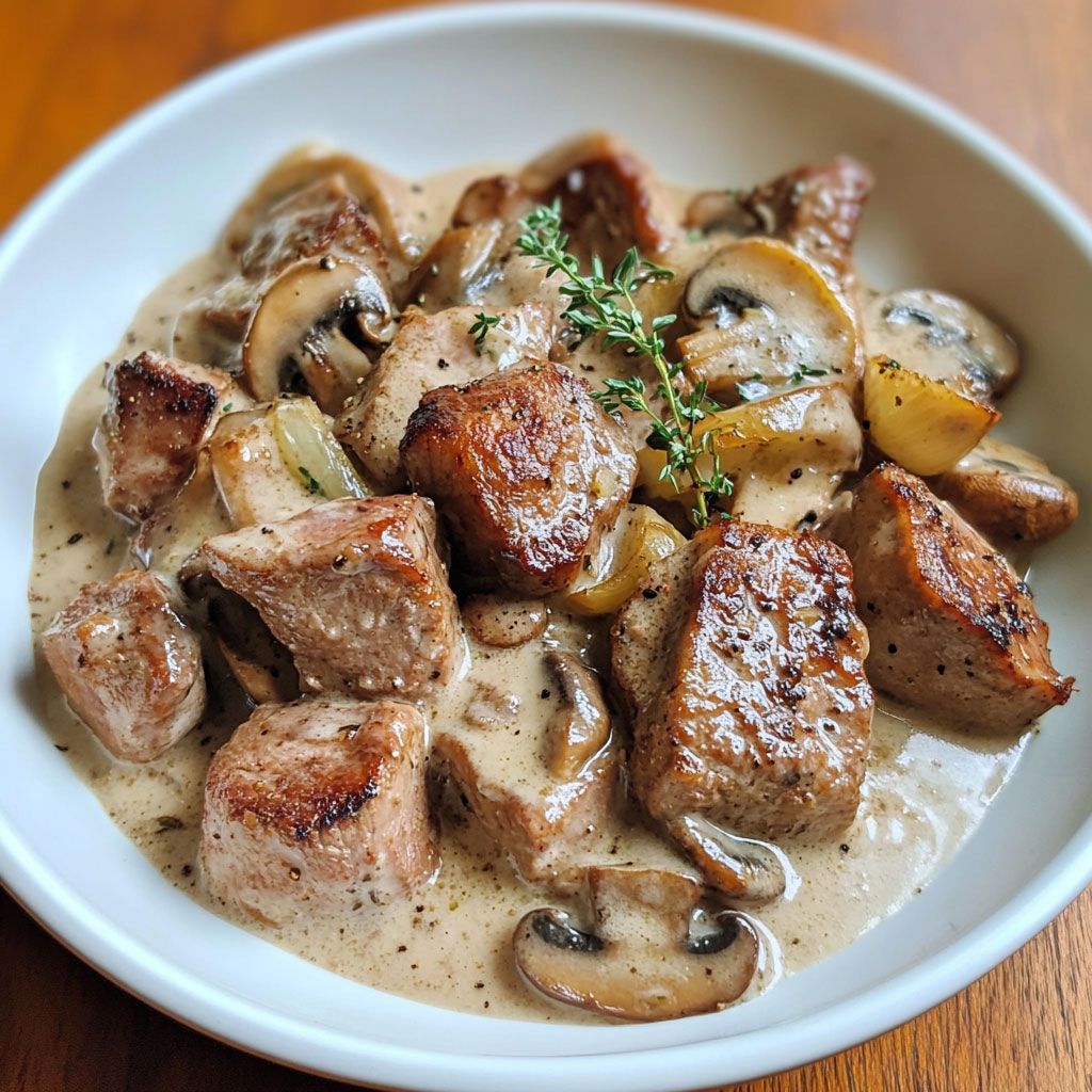Plat de sauté de porc crémeux aux champignons de Paris servi avec du riz, décoré de thym frais.