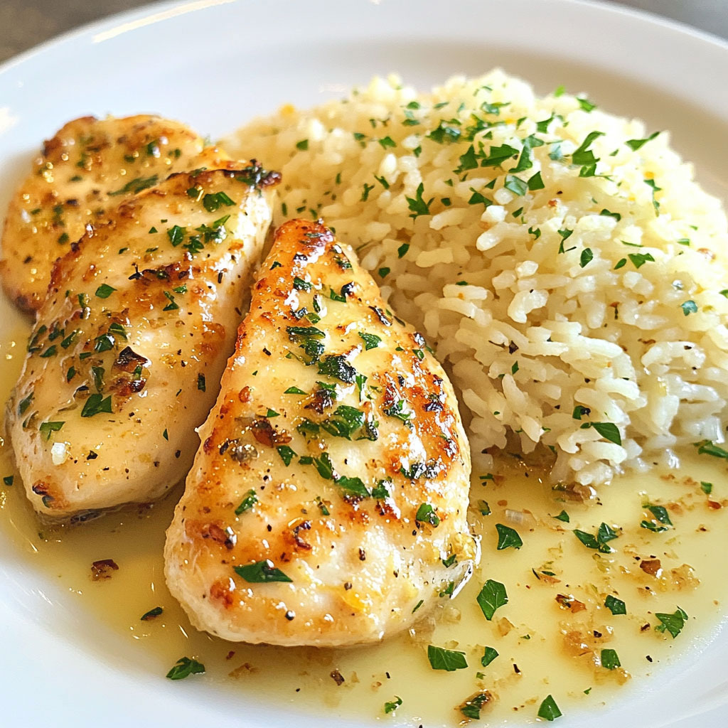 Assiette généreuse de scampi de poulet nappé de sauce citronnée à l’ail sur lit de riz crémeux au parmesan, décorée de persil frais.