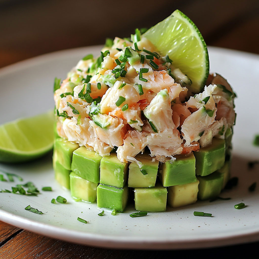 Tartare d’avocat au crabe joliment dressé en cercle, servi frais avec ciboulette et citron vert.