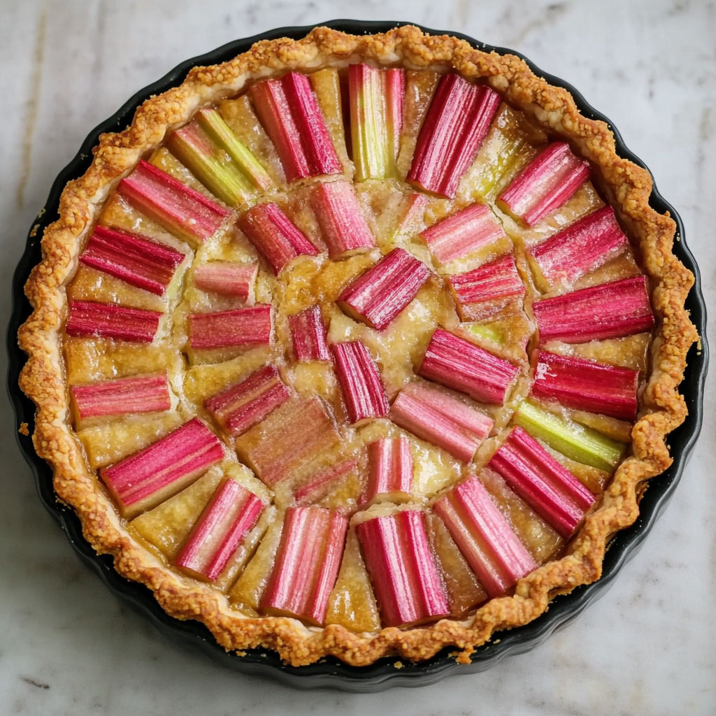 Tarte à la rhubarbe dorée et fondante sur crème d’amandes, dans une pâte maison croustillante, servie tiède.